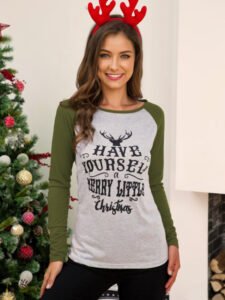 Women Christmas Raglan Sleeve Knit Top Leisure Style